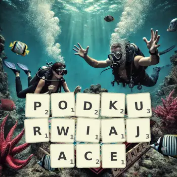 Kreatywna ilustracja do gry w Scrabble ze słowem PODKURWIAJACE ułożonym z płytek na planszy.