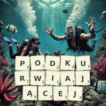 Kreatywna ilustracja do gry w Scrabble ze słowem PODKURWIAJĄCEJ ułożonym z płytek na planszy.