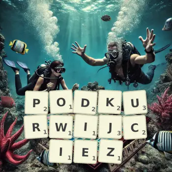 Kreatywna ilustracja do gry w Scrabble ze słowem PODKURWIJCIEZ ułożonym z płytek na planszy.