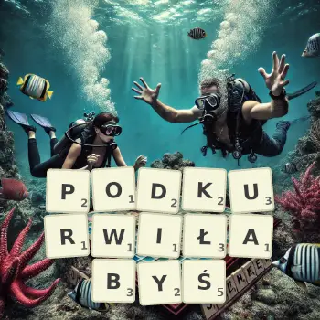 Kreatywna ilustracja do gry w Scrabble ze słowem PODKURWIŁABYŚ ułożonym z płytek na planszy.