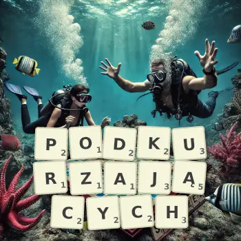 Kreatywna ilustracja do gry w Scrabble ze słowem PODKURZAJĄCYCH ułożonym z płytek na planszy.