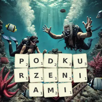 Kreatywna ilustracja do gry w Scrabble ze słowem PODKURZENIAMI ułożonym z płytek na planszy.