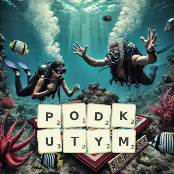 Kreatywna ilustracja do gry w Scrabble ze słowem PODKUTYM ułożonym z płytek na planszy.