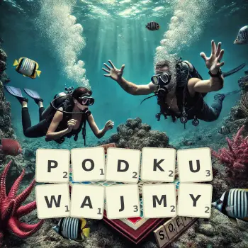 Kreatywna ilustracja do gry w Scrabble ze słowem PODKUWAJMY ułożonym z płytek na planszy.