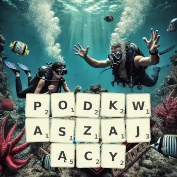 Kreatywna ilustracja do gry w Scrabble ze słowem PODKWASZAJĄCY ułożonym z płytek na planszy.