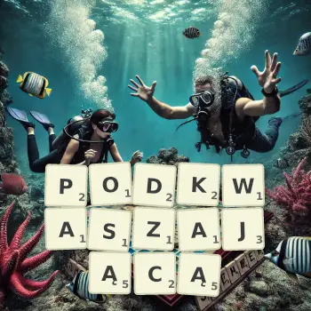 Kreatywna ilustracja do gry w Scrabble ze słowem PODKWASZAJĄCĄ ułożonym z płytek na planszy.