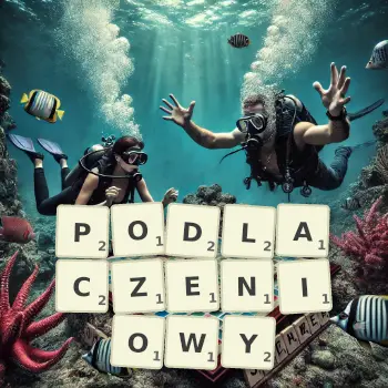 Kreatywna ilustracja do gry w Scrabble ze słowem PODLACZENIOWY ułożonym z płytek na planszy.