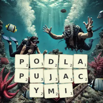 Kreatywna ilustracja do gry w Scrabble ze słowem PODLAPUJACYMI ułożonym z płytek na planszy.