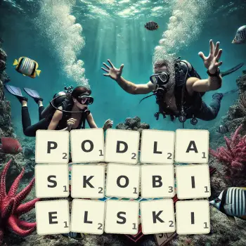 Kreatywna ilustracja do gry w Scrabble ze słowem PODLASKOBIELSKI ułożonym z płytek na planszy.