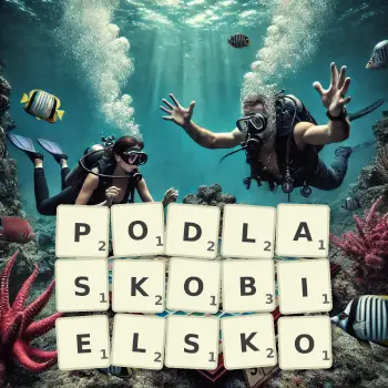 Kreatywna ilustracja do gry w Scrabble ze słowem PODLASKOBIELSKO ułożonym z płytek na planszy.