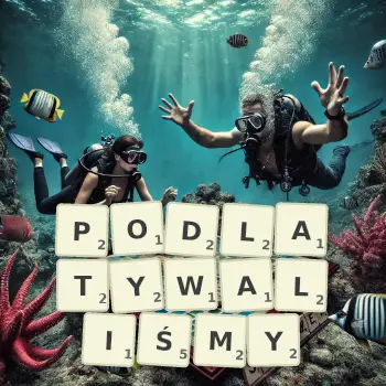 Kreatywna ilustracja do gry w Scrabble ze słowem PODLATYWALIŚMY ułożonym z płytek na planszy.