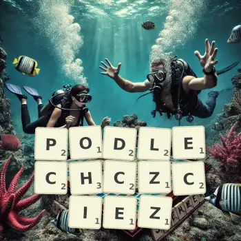 Kreatywna ilustracja do gry w Scrabble ze słowem PODLECHCZCIEZ ułożonym z płytek na planszy.