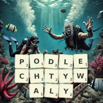 Kreatywna ilustracja do gry w Scrabble ze słowem PODLECHTYWALY ułożonym z płytek na planszy.