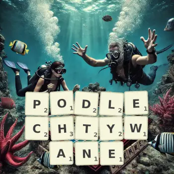 Kreatywna ilustracja do gry w Scrabble ze słowem PODLECHTYWANE ułożonym z płytek na planszy.