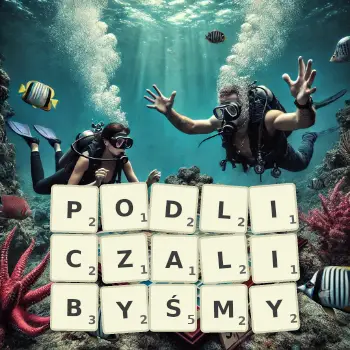 Kreatywna ilustracja do gry w Scrabble ze słowem PODLICZALIBYŚMY ułożonym z płytek na planszy.