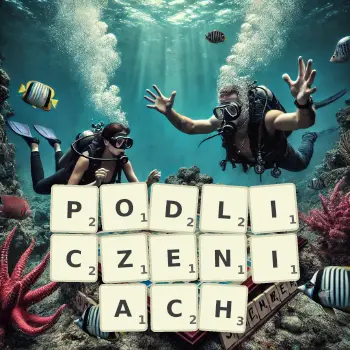 Kreatywna ilustracja do gry w Scrabble ze słowem PODLICZENIACH ułożonym z płytek na planszy.