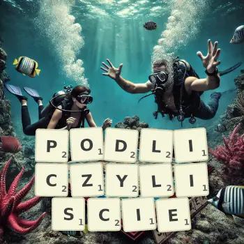Kreatywna ilustracja do gry w Scrabble ze słowem PODLICZYLISCIE ułożonym z płytek na planszy.