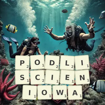 Kreatywna ilustracja do gry w Scrabble ze słowem PODLISCIENIOWA ułożonym z płytek na planszy.