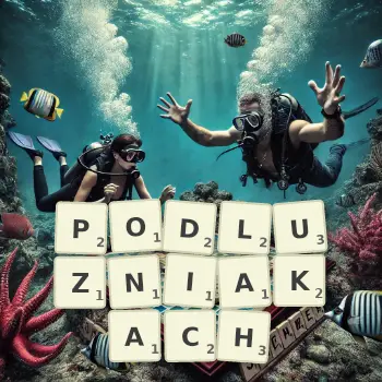 Kreatywna ilustracja do gry w Scrabble ze słowem PODLUZNIAKACH ułożonym z płytek na planszy.