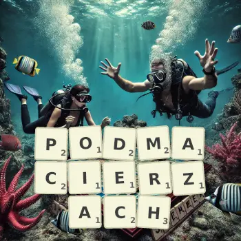 Kreatywna ilustracja do gry w Scrabble ze słowem PODMACIERZACH ułożonym z płytek na planszy.