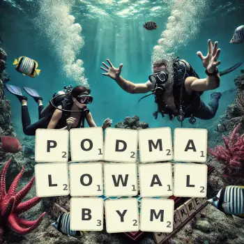 Kreatywna ilustracja do gry w Scrabble ze słowem PODMALOWALBYM ułożonym z płytek na planszy.