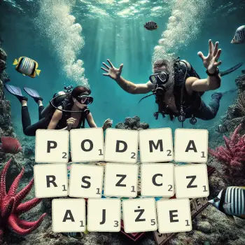 Kreatywna ilustracja do gry w Scrabble ze słowem PODMARSZCZAJŻE ułożonym z płytek na planszy.