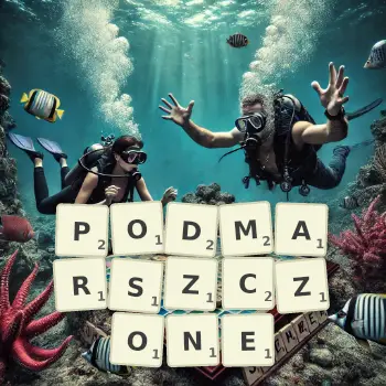 Kreatywna ilustracja do gry w Scrabble ze słowem PODMARSZCZONE ułożonym z płytek na planszy.