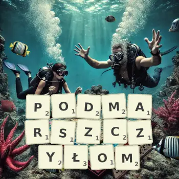Kreatywna ilustracja do gry w Scrabble ze słowem PODMARSZCZYŁOM ułożonym z płytek na planszy.