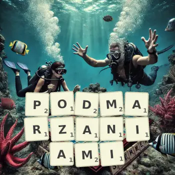 Kreatywna ilustracja do gry w Scrabble ze słowem PODMARZANIAMI ułożonym z płytek na planszy.