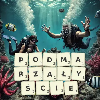 Kreatywna ilustracja do gry w Scrabble ze słowem PODMARZAŁYŚCIE ułożonym z płytek na planszy.