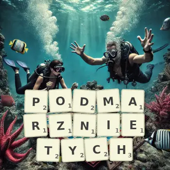 Kreatywna ilustracja do gry w Scrabble ze słowem PODMARZNIETYCH ułożonym z płytek na planszy.