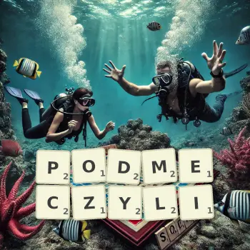 Kreatywna ilustracja do gry w Scrabble ze słowem PODMECZYLI ułożonym z płytek na planszy.