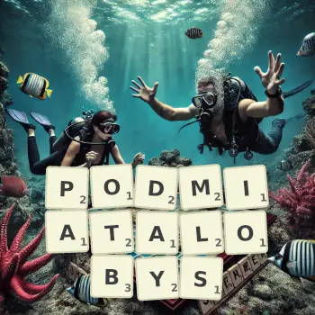 Kreatywna ilustracja do gry w Scrabble ze słowem PODMIATALOBYS ułożonym z płytek na planszy.