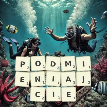 Kreatywna ilustracja do gry w Scrabble ze słowem PODMIENIAJCIE ułożonym z płytek na planszy.