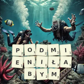 Kreatywna ilustracja do gry w Scrabble ze słowem PODMIENIŁABYM ułożonym z płytek na planszy.