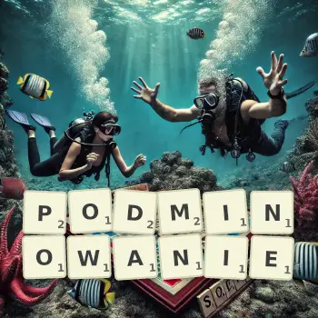 Kreatywna ilustracja do gry w Scrabble ze słowem PODMINOWANIE ułożonym z płytek na planszy.