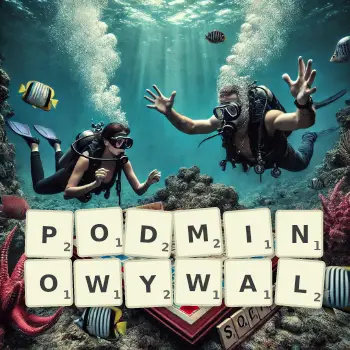 Kreatywna ilustracja do gry w Scrabble ze słowem PODMINOWYWAL ułożonym z płytek na planszy.