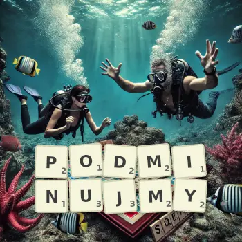 Kreatywna ilustracja do gry w Scrabble ze słowem PODMINUJMY ułożonym z płytek na planszy.