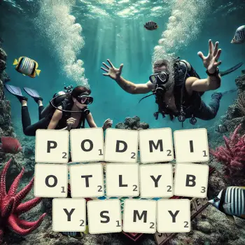 Kreatywna ilustracja do gry w Scrabble ze słowem PODMIOTLYBYSMY ułożonym z płytek na planszy.