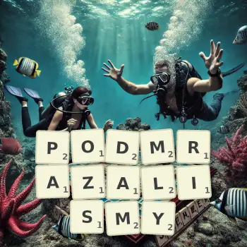 Kreatywna ilustracja do gry w Scrabble ze słowem PODMRAZALISMY ułożonym z płytek na planszy.