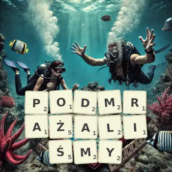 Kreatywna ilustracja do gry w Scrabble ze słowem PODMRAŻALIŚMY ułożonym z płytek na planszy.