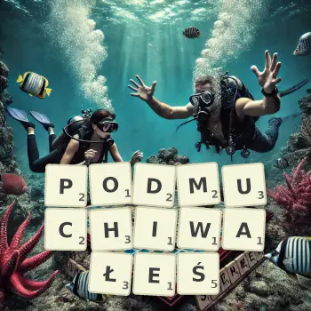 Kreatywna ilustracja do gry w Scrabble ze słowem PODMUCHIWAŁEŚ ułożonym z płytek na planszy.