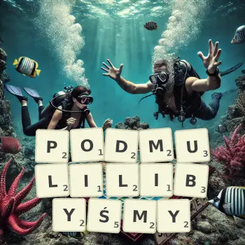 Kreatywna ilustracja do gry w Scrabble ze słowem PODMULILIBYŚMY ułożonym z płytek na planszy.