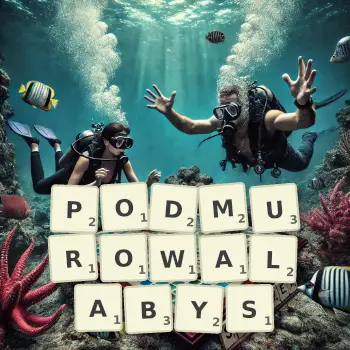 Kreatywna ilustracja do gry w Scrabble ze słowem PODMUROWALABYS ułożonym z płytek na planszy.