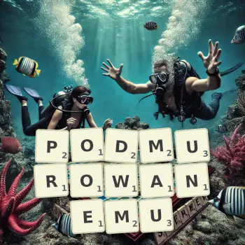 Kreatywna ilustracja do gry w Scrabble ze słowem PODMUROWANEMU ułożonym z płytek na planszy.
