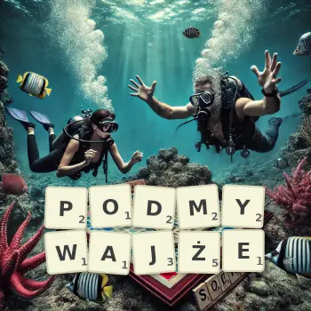 Kreatywna ilustracja do gry w Scrabble ze słowem PODMYWAJŻE ułożonym z płytek na planszy.