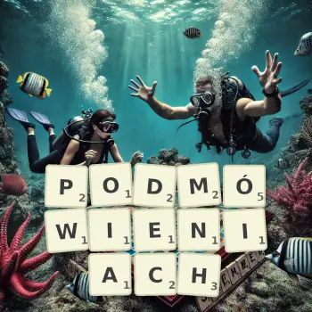 Kreatywna ilustracja do gry w Scrabble ze słowem PODMÓWIENIACH ułożonym z płytek na planszy.