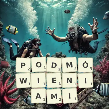 Kreatywna ilustracja do gry w Scrabble ze słowem PODMÓWIENIAMI ułożonym z płytek na planszy.