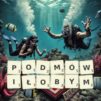 Kreatywna ilustracja do gry w Scrabble ze słowem PODMÓWIŁOBYM ułożonym z płytek na planszy.