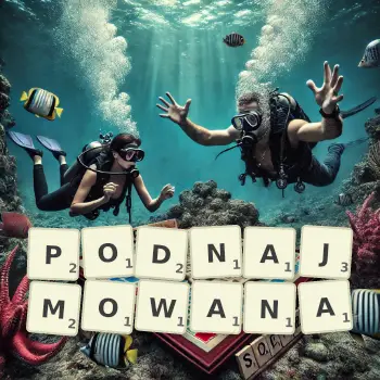 Kreatywna ilustracja do gry w Scrabble ze słowem PODNAJMOWANA ułożonym z płytek na planszy.